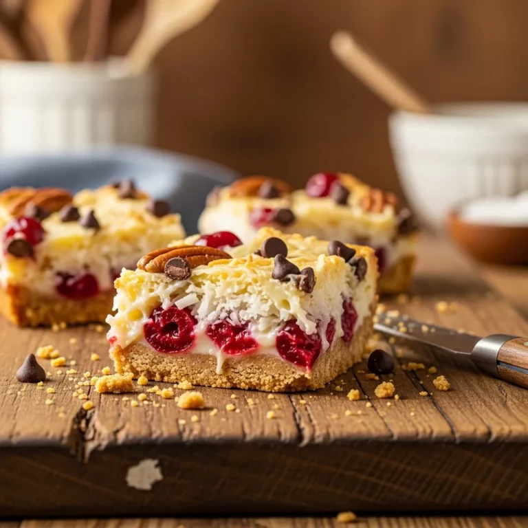 cherry coconut magic bars Close-up of a single cherry coconut magic bar on a cutting board