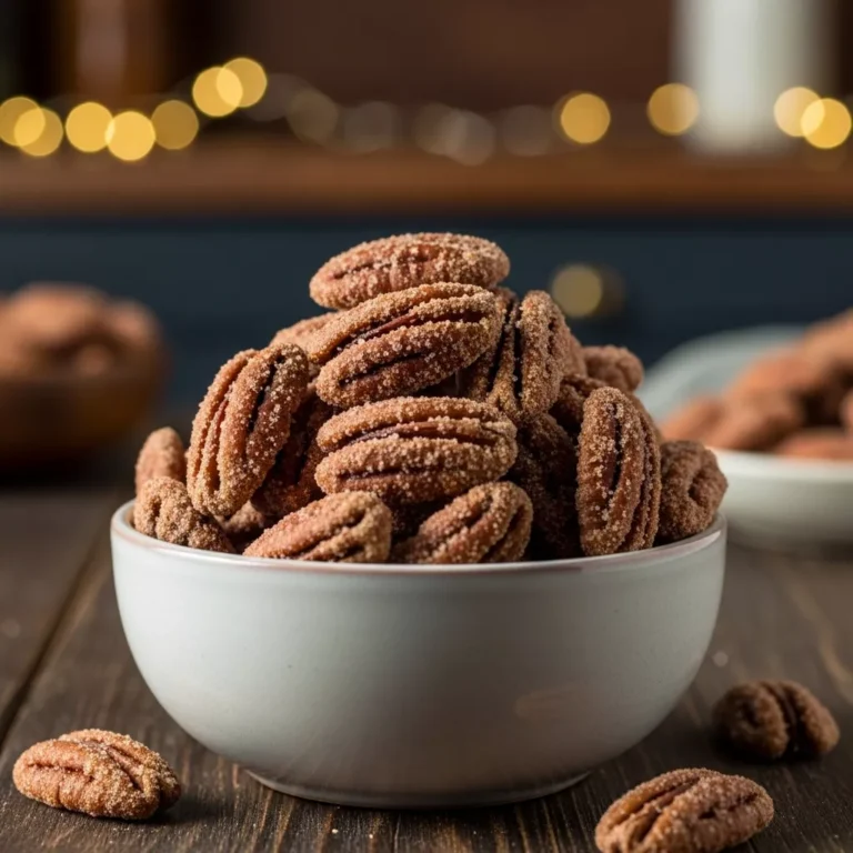 homemade candied pecans Side view of a bowl filled with roasted cinnamon sugar pecans