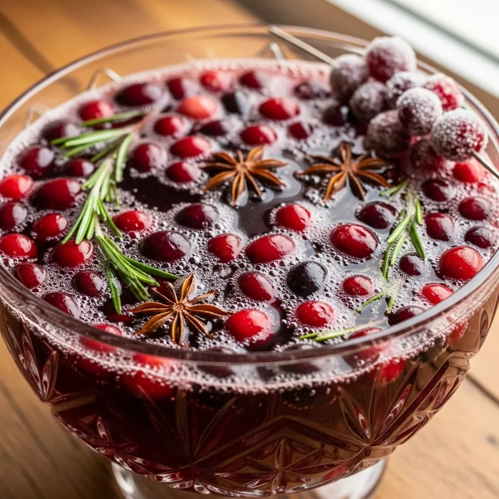 Sparkling Midnight Frost Christmas Punch close up with cranberries, star anise, and rosemary