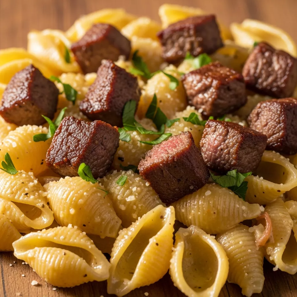 Steak Bites Alfredo: Creamy Steak Bites and Shell Pasta Alfredo