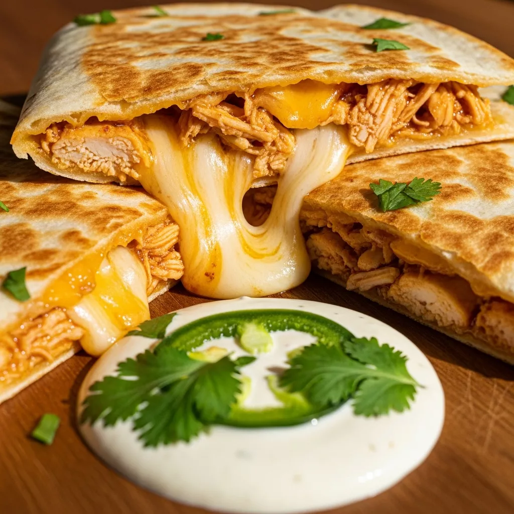 Hot Honey Chicken Quesadillas: Close-up of a hot honey chicken quesadilla with melted cheese and crispy tortilla