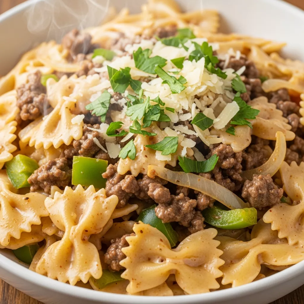 Cajun Cream Cheese Pasta: Macro close-up of creamy Cajun beef bowtie pasta garnished with parsley and Parmesan, steaming in a bowl