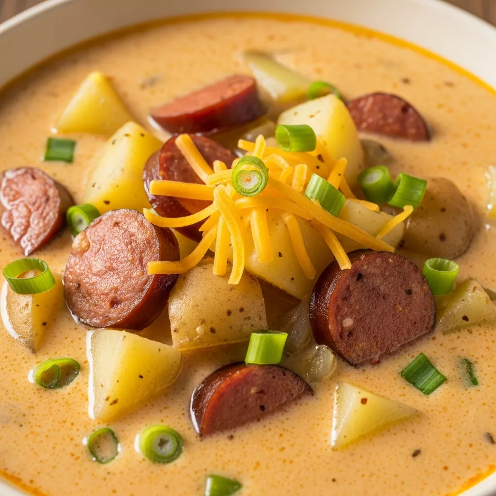 Creamy Cajun Potato Soup with Sausage and Cheddar Cheese