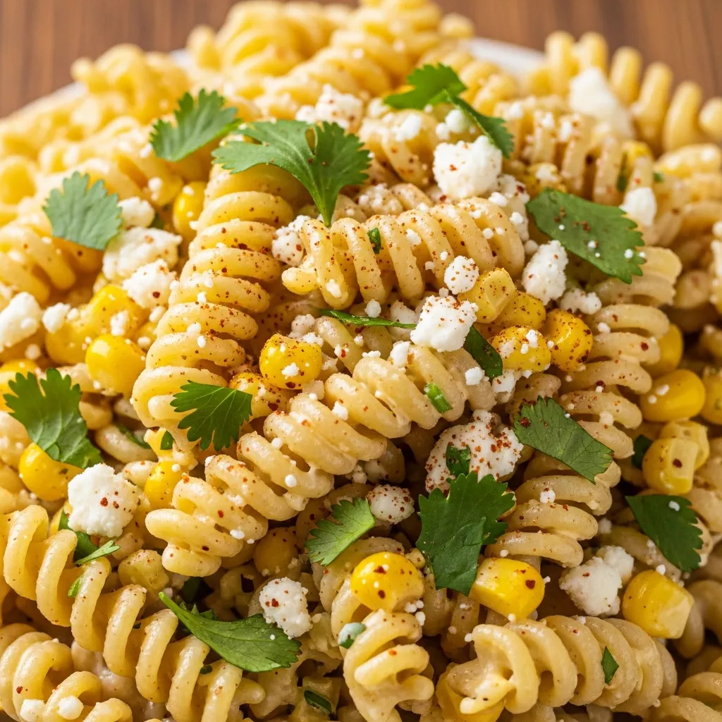 Creamy Mexican Street Corn Pasta Salad: A close-up hero shot showcasing the vibrant colors and textures