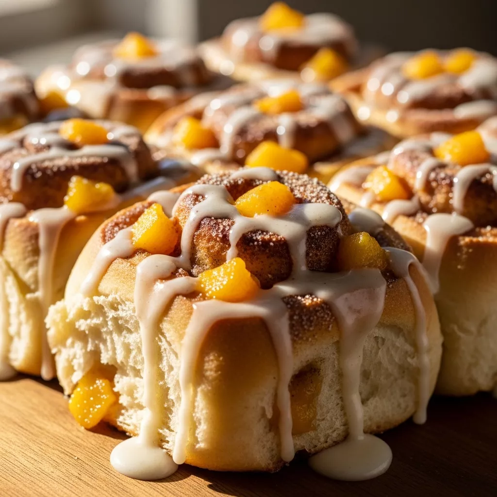 Close-up of peach cobbler cinnamon rolls with vanilla glaze