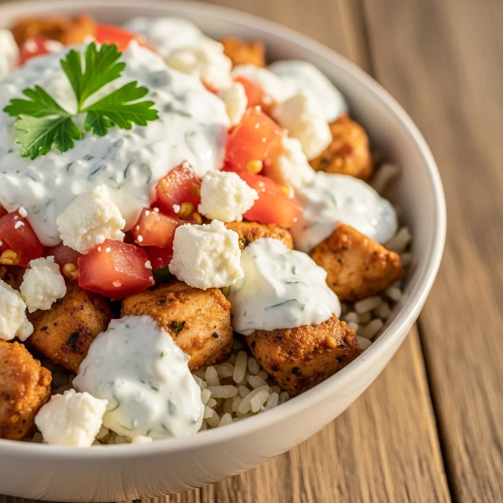 Zesty Lemon Chicken Gyro Bowl with rice, feta, and tzatziki