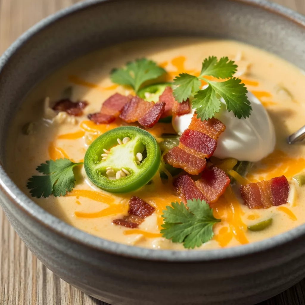 Creamy Jalapeño Popper Chicken Soup with turkey bacon, cilantro and sour cream