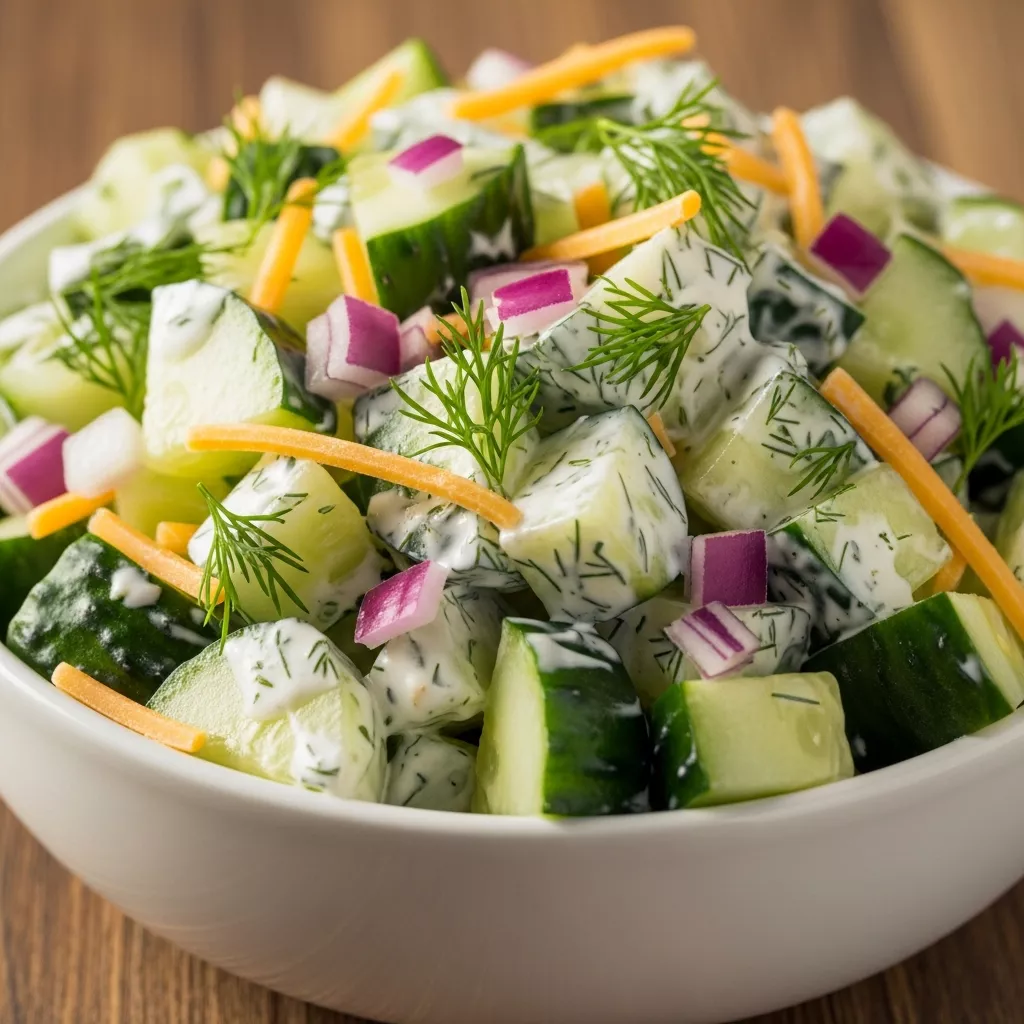 Close-up of creamy and crunchy Cucumber Ranch Salad