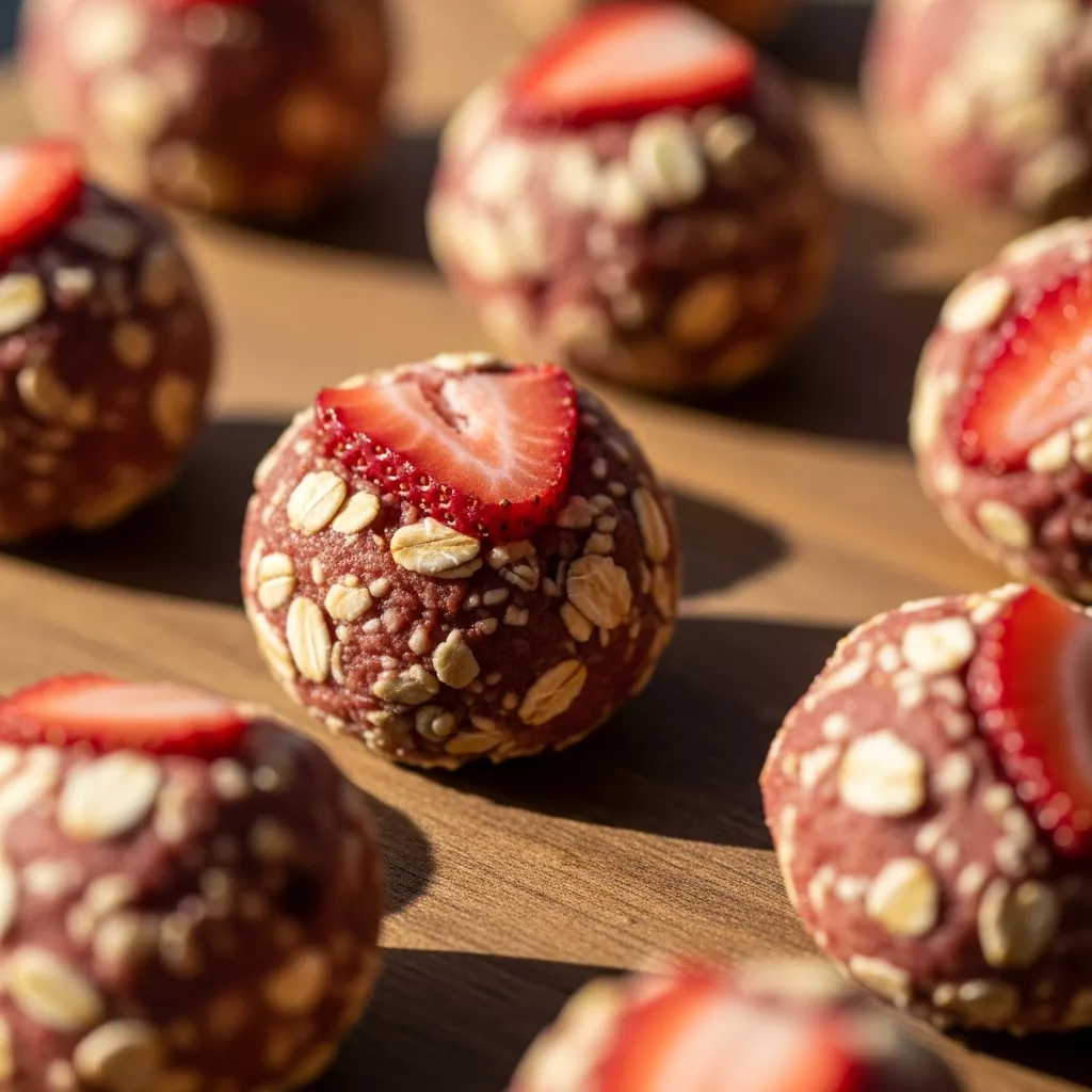 Close-up of delicious strawberry cheesecake protein bites