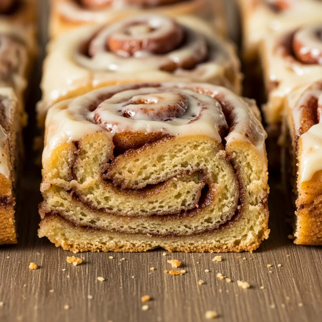 Close-up of a sliced cinnamon roll bliss bar showing the gooey layers of cinnamon sugar and cream cheese glaze.