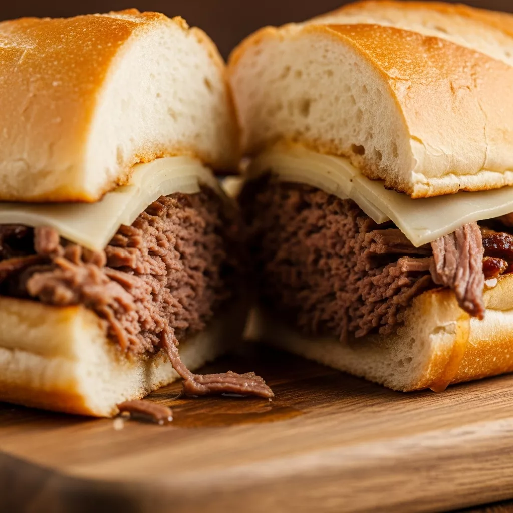 Delicious slow cooker French dip sandwiches with melted provolone cheese and au jus