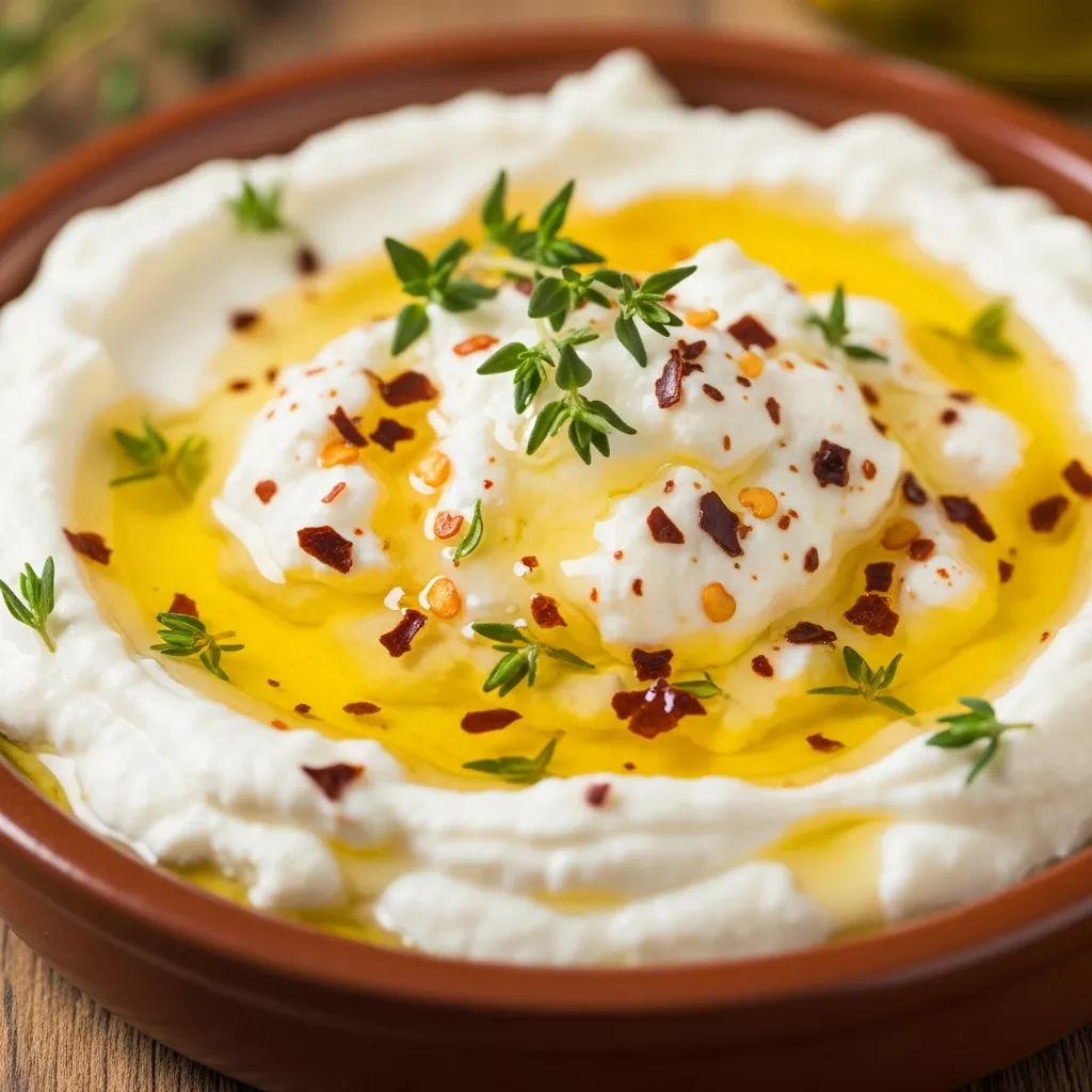 Close-up of creamy hot honey ricotta dip with thyme and red pepper flakes.