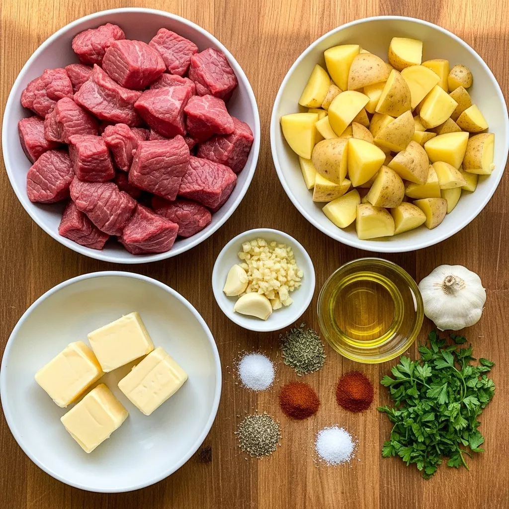 Ingredients for Garlic Butter Steak Bites & Potatoes: One-Pan Wonder