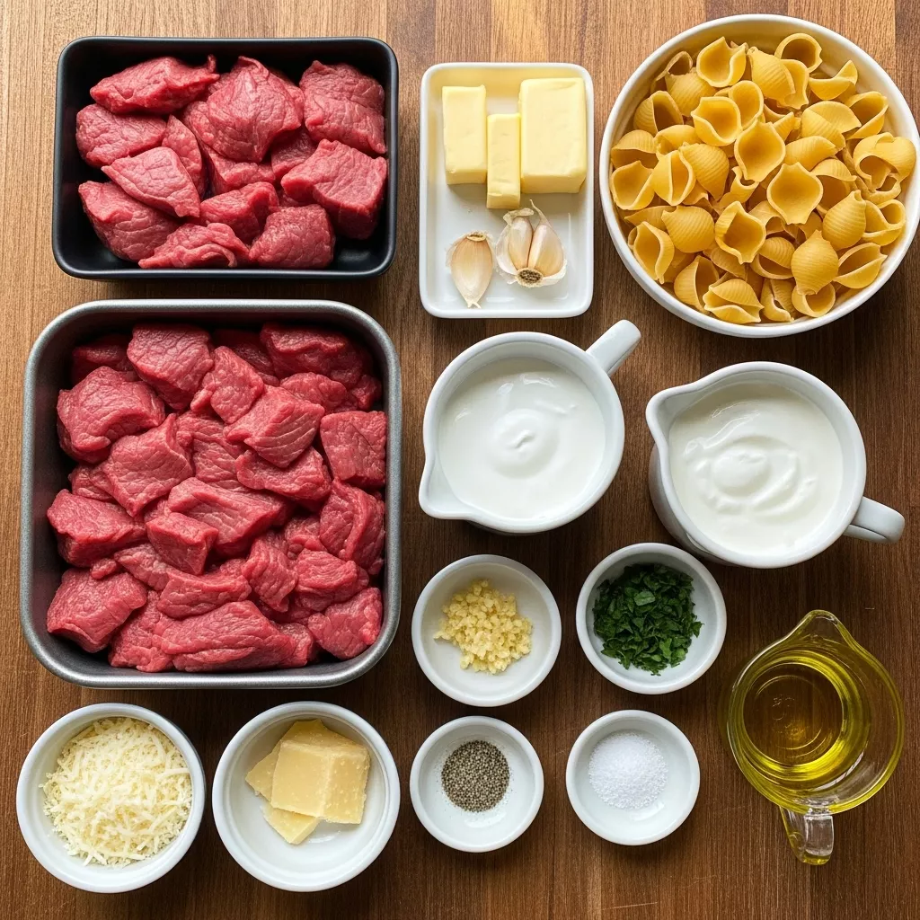 Ingredients for Creamy Steak Bites and Shell Pasta Alfredo
