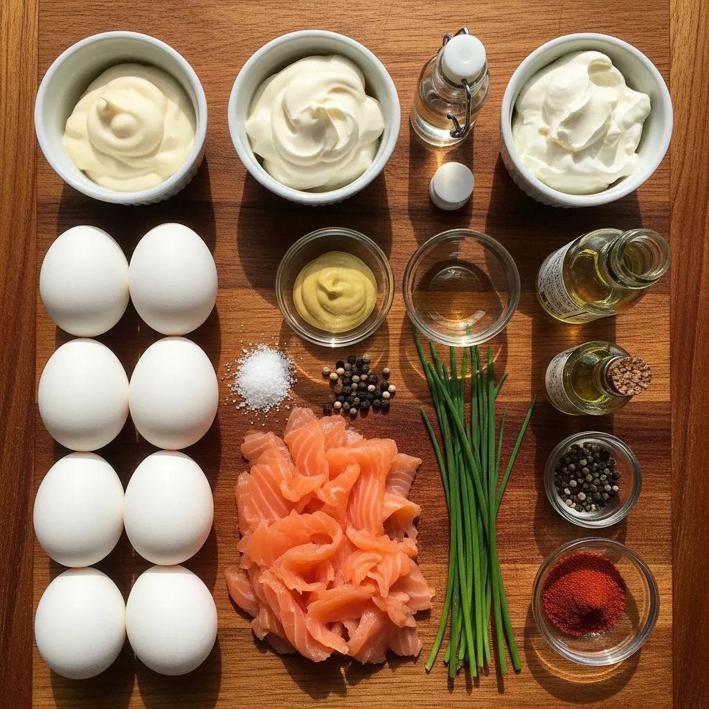 Ingredients for Decadent Million Dollar Deviled Eggs: Creamy Truffle & Smoked Salmon Delight