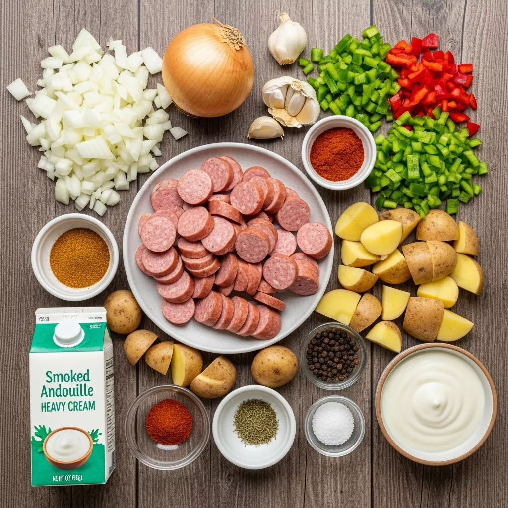 Ingredients for Smoked Turkey Andouille Cajun Potato Soup: Creamy Comfort