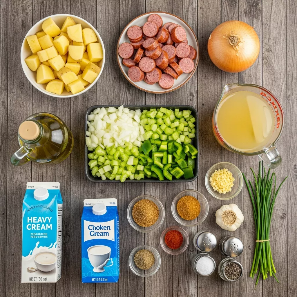 Ingredients for Smoked Turkey Andouille Cajun Potato Soup: Creamy Comfort in a Bowl