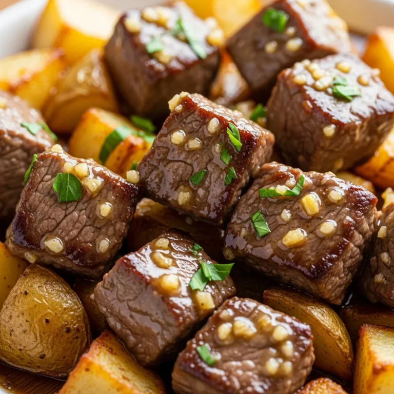 Garlic Butter Steak Bites and Potatoes Recipe Card
