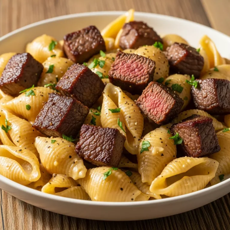 Recipe Card for Creamy Steak Bites and Shell Pasta Alfredo Perfect for anyone who loves steak bites alfredo!