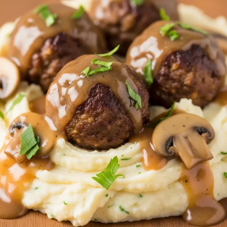 Salisbury Steak Meatballs with Creamy Garlic Herb Mashed Potatoes Recipe Card